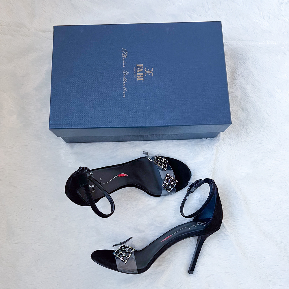 NEW FABI Italy Asiago Nero Black Strappy Suede Heels Clear PVC Crystals 40EU